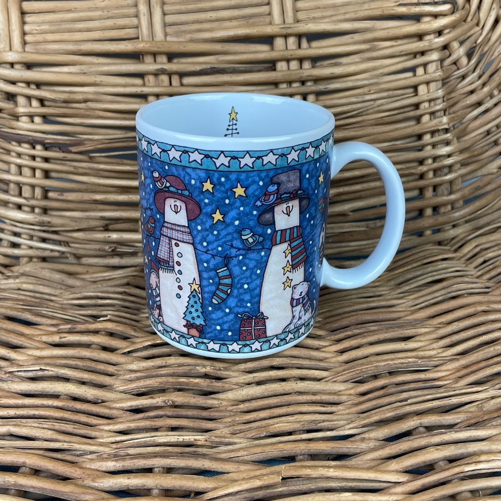 Lang & Wise Primitive Blue Snowmen in the Night Christmas Mug vintage 1998